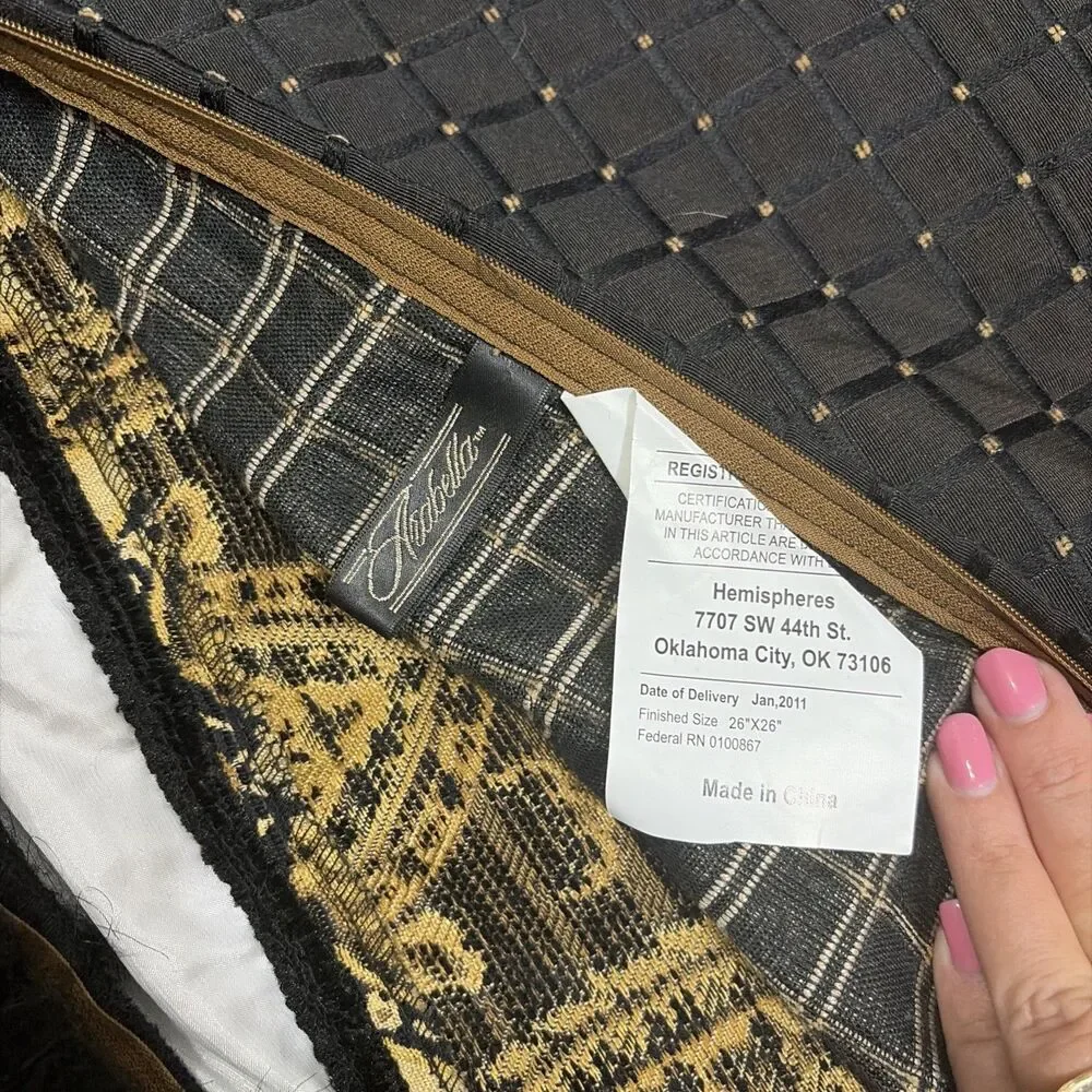 Arabella chenille damask decorative throw pillow Sham with brown & gold Black